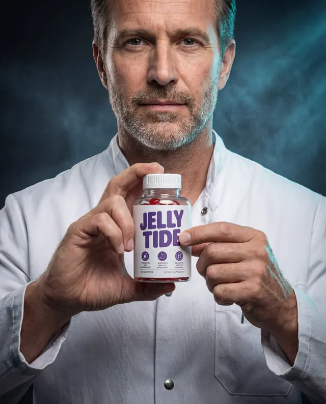 A clinician holding a bottle of JellyTide gummies