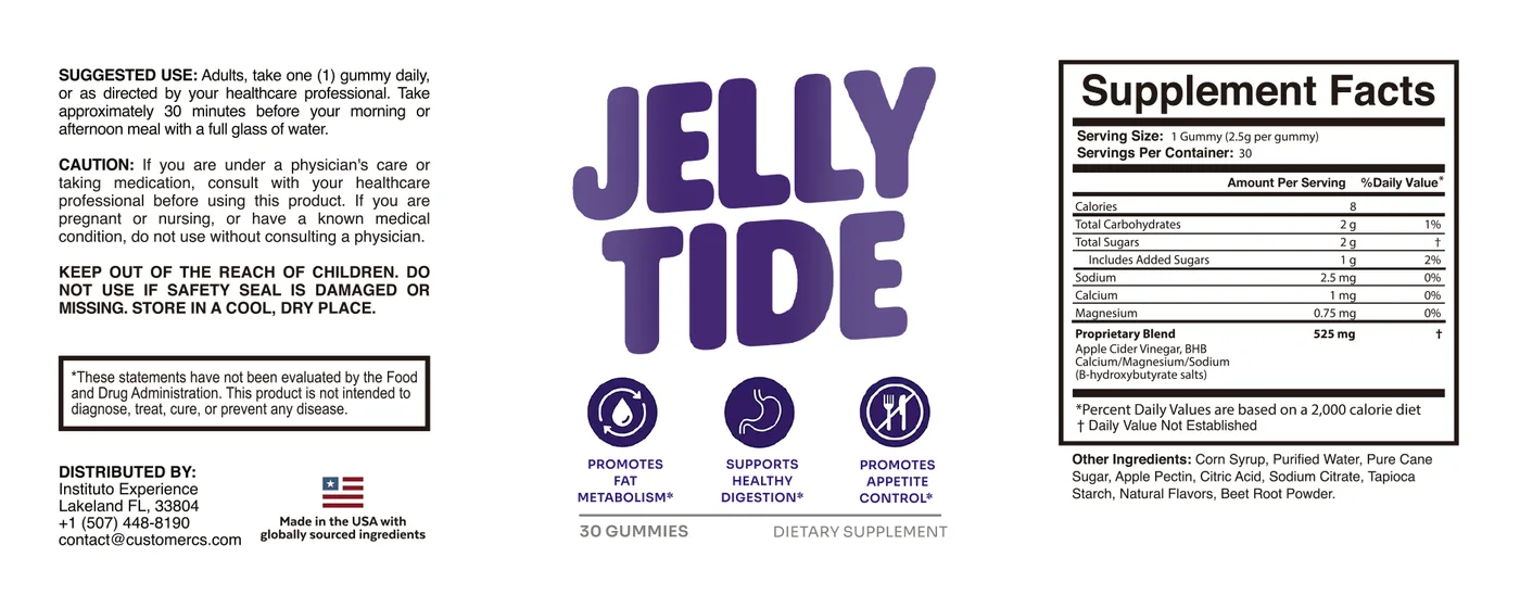 The full JellyTide label print showing directions, cautions and the Supplement Facts panel