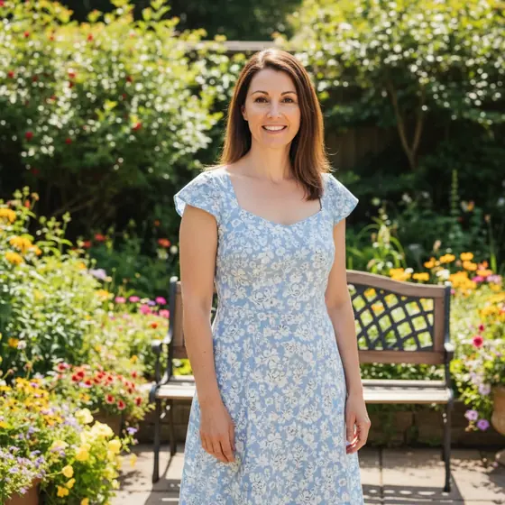 A woman walking through a garden on a summer afternoon