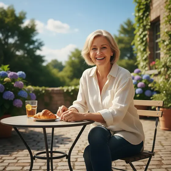 A woman relaxing at an outdoor cafe on a bright morning