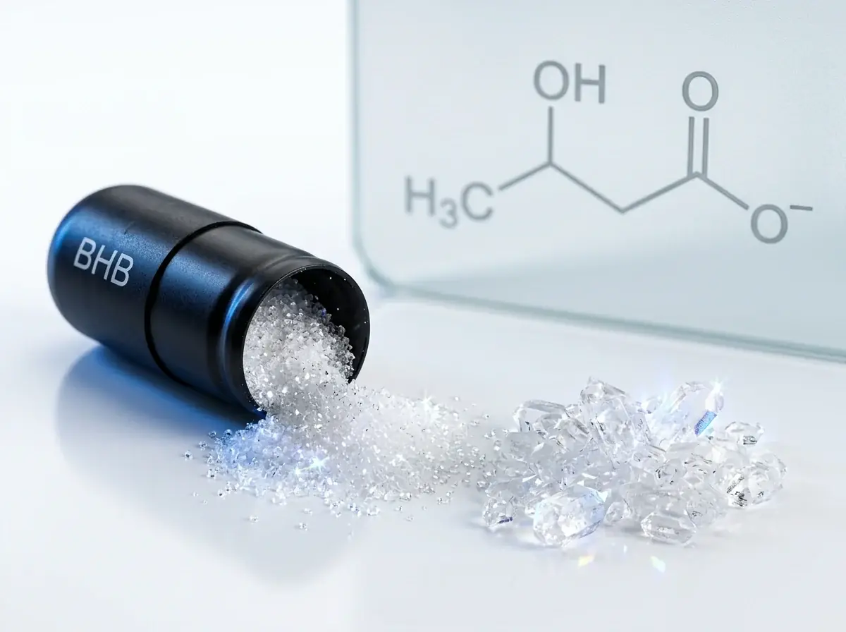 The beta-hydroxybutyrate structural formula beside a container of ketone mineral salts