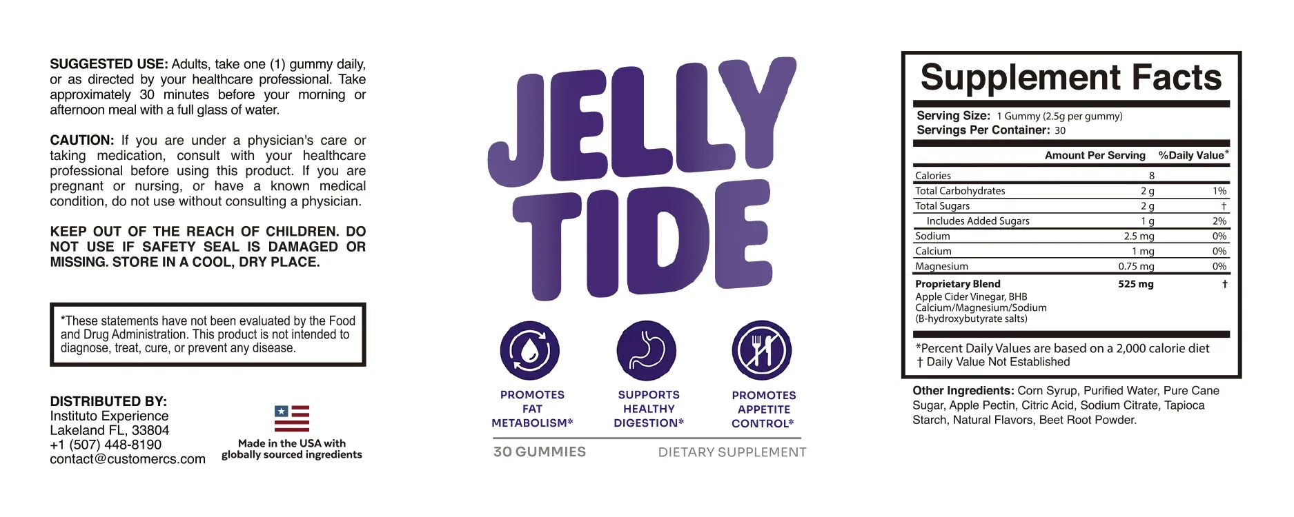 JellyTide Supplement Facts panel: 525 mg proprietary blend of apple cider vinegar and BHB calcium, magnesium and sodium salts