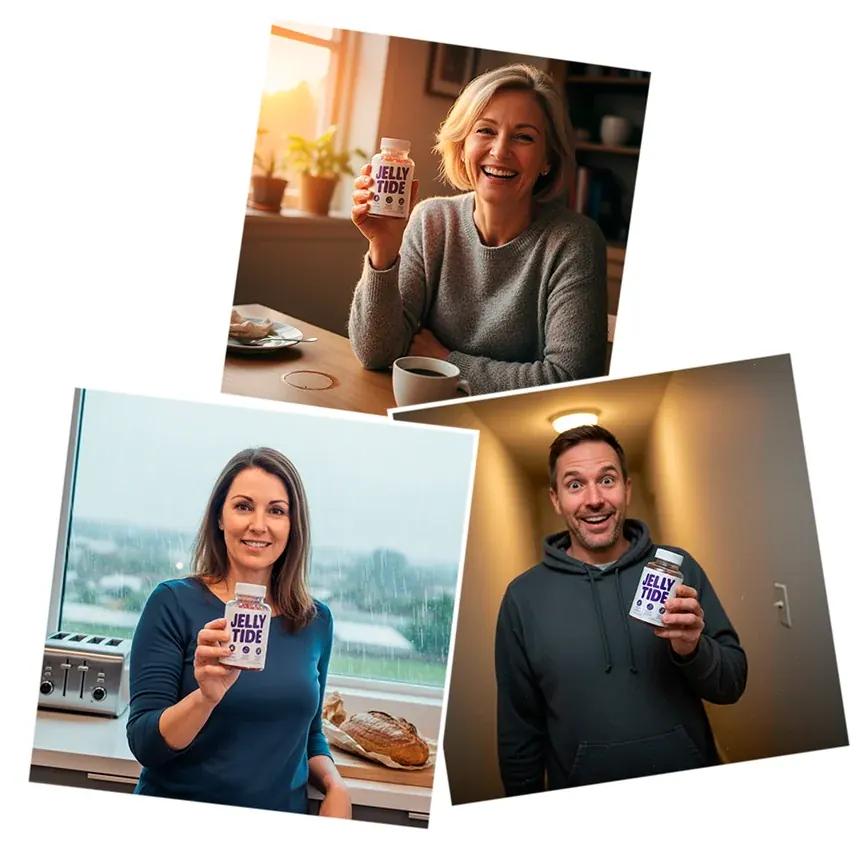 Manufacturer's promotional photograph of three people each holding a JellyTide bottle